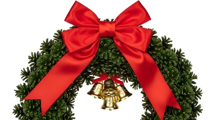 Christmas wreath with red bow and golden bells decoration