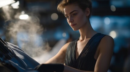 A fashion designer using a garment press to smooth fabric before a runway show, steam clouds rising as final touches create flawless silhouettes — backstage fashion preparation, textile finishing,