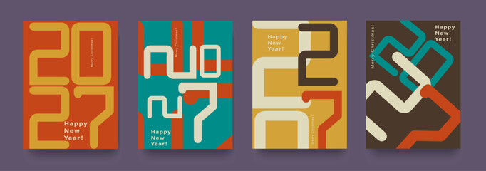 Set Retro Numbers 2027 Year. Happy New Year 2027 and Merry Christmas. Background Figure in the yellow, blue, brown, orange Colors. Abstract Vector Illustration for Banner, Poster, Card.