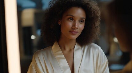 An adaptive retail fitting room where smart mirrors suggest outfit changes, adjust lighting tones, and recommend sizes based on body-shape scans — interactive shopping experience, fashion