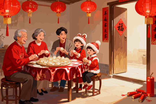Happy Chinese family celebrating lunar new year festival by making dumplings together at home with red lanterns and couplets decorations - Powered by Adobe