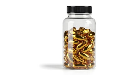 Omega capsules in bottle health supplement gold color pills