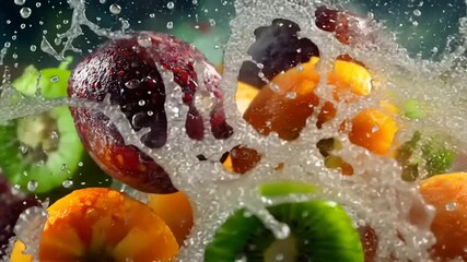 Dynamic fruit splash video with vibrant oranges, kiwi, and plum, perfect for healthy eating ads and refreshing summer promotions