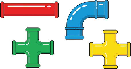 Colorful plumbing fittings straight elbow tee and cross connections displayed
