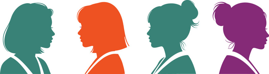 Four colorful silhouettes of women in profile representing diversity and unity