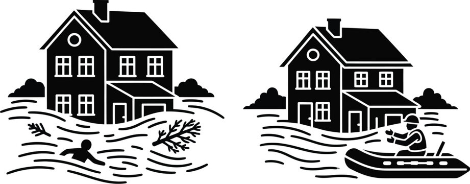 Black and white illustration of flooded homes and rescue efforts underway