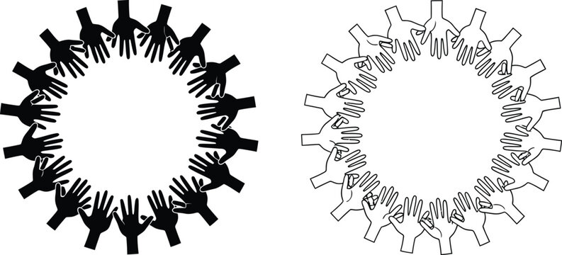 Two circular arrangements of hands one solid black and one white outline