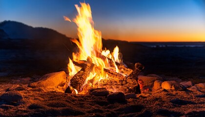 A Bonfire At Sunset Flame Against The Sunset Yellow Flames Of A Bonfire
