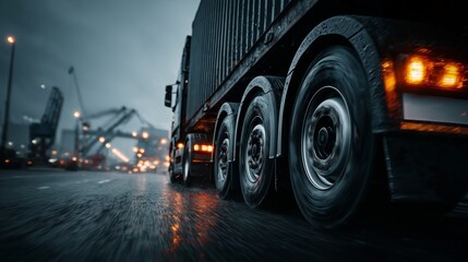 Naklejka premium A large truck wheels gleam on a rain-soaked road at night, symbolizing industry, travel, and atmospheric realism. The image conveys motion, solitude, and cinematic mood.