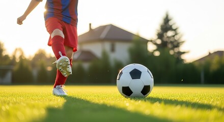 Obraz premium Youth soccer player kicking soccer ball on green field at sunset