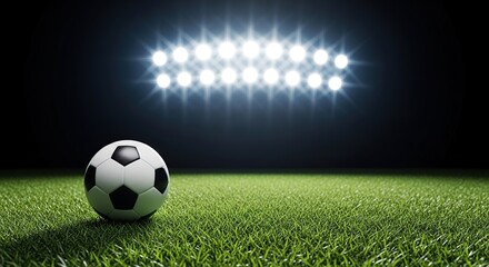 A soccer ball sits on a vibrant green field under stadium lights.