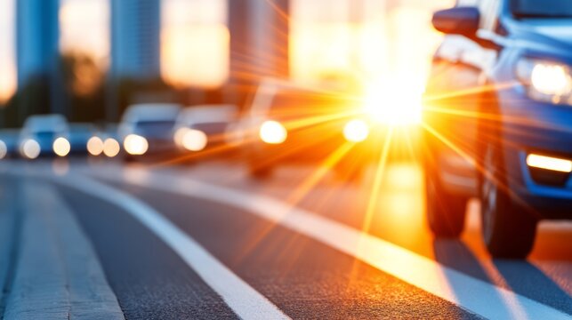 Urban traffic scene with warm sunlight glare and cars moving along a city road