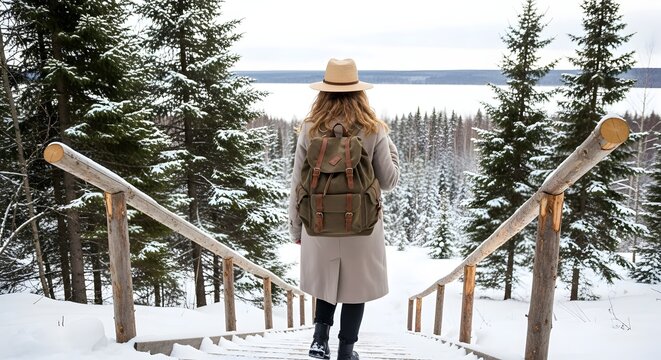 Woman hiking in snowy forest winter adventure travel journey