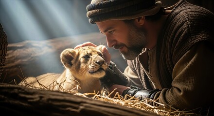 Bearded Noah gently strokes a small lion cub nestled on golden straw inside immense wooden ark. Divine light illuminates peaceful religious scene, reflecting the ancient Bible account of Great Flood.