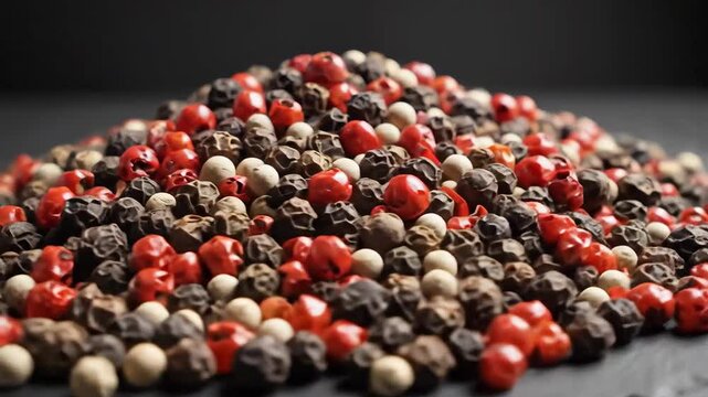 A closeup view of a vibrant mix of colorful peppercorns including black white and red varieties creating a rich texture and inviting culinary appeal.