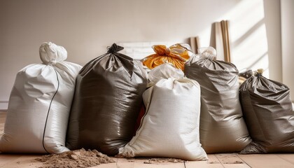Close Up Of Several Large Bags Of Loose Building Materials And Waste From Renovations