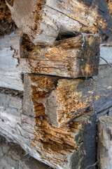 Damaged and decayed part of beams at an old wooden cottage.
