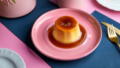 A Flan On A Pink Porcelain Dish On A Table Dessert Table For A Birthday Celebration Pink Birthday Table With Desserts Pastries