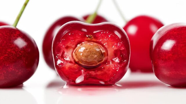 Closeup of Ripe Cherries with One Cut Open Revealing Seed.