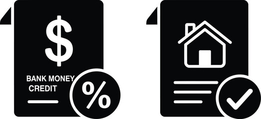 Financial icons representing money housing credit and successful transactions in black and white