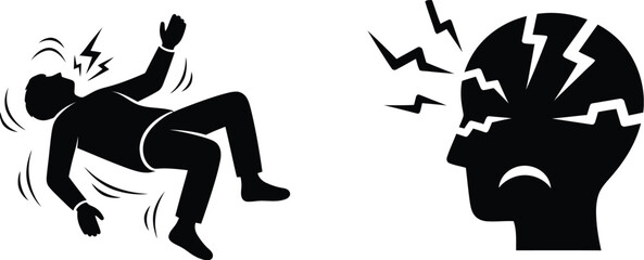 Person collapsing and a fractured head icon representing mental breakdown