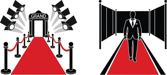 Red carpet event with spotlights barriers and a suited figure