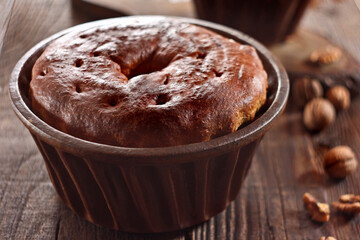 Potica - traditional Slovenian bread cake. Sweet bread roll stuffed with walnuts and sprinkle with sugar