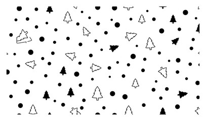 Simple black and white Christmas pattern with sparse fir trees and falling snow vector illustration for minimalist winter design