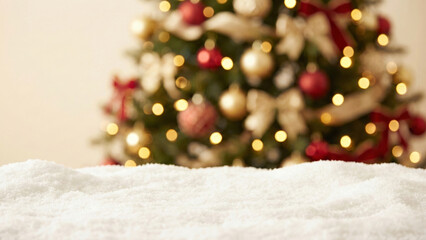 Obraz premium Empty White Snow Podium Background with Blurred Decorated Christmas Tree and Warm Bokeh Lights for Product Display