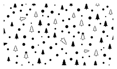 Black and white seamless pattern with scattered small fir trees and snow dots vector illustration for winter holiday wrapping paper background