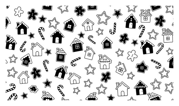 Cute black and white seamless pattern with gingerbread houses candy canes and stars vector illustration for sweet Christmas holiday fabric print