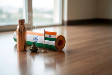 yoga setup with india flag, incense and copper bottle in peaceful room