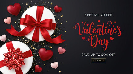 On a black background, a Valentine's Day discount and special offer banner featuring gift boxes, hearts, and confetti.