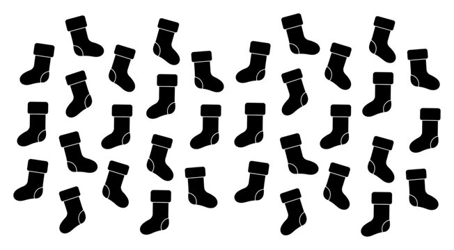 Christmas stocking silhouette vector pattern background with hanging socks black and white holiday design