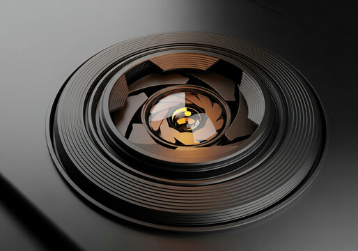 A closed camera lens with gold-colored diaphragm blades on a dark and glossy black surface.