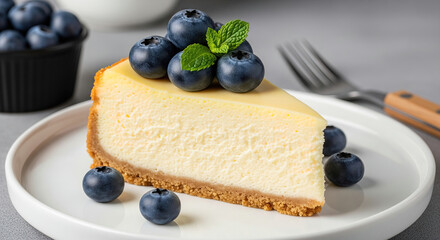 Classic New York cheesecake slice on a white plate, garnished with fresh blueberries and mint leaves.