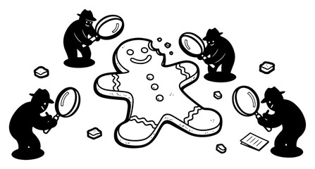 Funny crime scene investigation with bitten gingerbread man and detectives black and white vector concept with magnifying glass