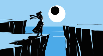 A solitary woman contemplates the vast ocean from a precarious cliff edge under the moon