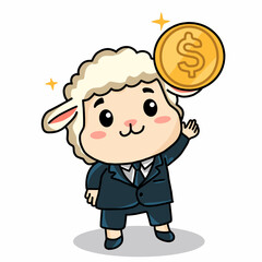 Cute business sheep holding a gold coin, symbol of finance and success. Great for finance content and business mascots