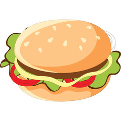 Stylized Pixel Art Hamburger with Sesame Seed Bun Lettuce Tomato and Beef Patty on Transparent Background Simple Food Icon