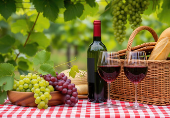 A wine bottle, glasses, bunches of grapes, and a bread basket on a red and white checkered picnic blanket.