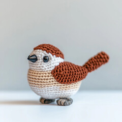 A close-up shot of a cute crochet bird sitting pretty