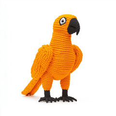 A vibrant, handmade orange parrot stands out with its intricate details. The parrot is crafted, with attention given to its beaks and feathers