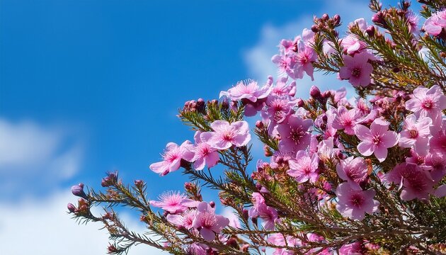 Close Up Of Purple Manuka Tree Flowers Against Blue Sky