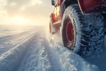 A red off-road vehicle driving through deep snow at sunrise