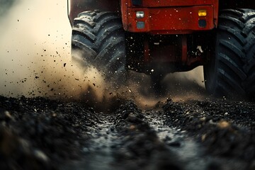A close-up view of a heavy vehicle throwing dirt and gravel as it drives through rough terrain