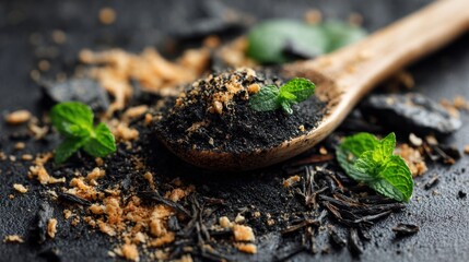 A wooden spoon holds a mix of ground herbs and spices against a dark background, complemented by fresh mint leaves and grains. The arrangement is visually appealing and aromatic.