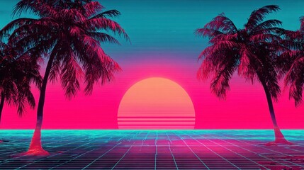 Naklejka premium A vibrant sunset illuminates the sky in shades of pink and blue. Palm trees frame the scene, enhancing the retro aesthetic of the grid landscape by the ocean.
