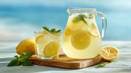 A clear pitcher of lemonade filled with lemon slices and mint leaves is placed next to a glass filled with the same drink. Fresh lemons add to the vibrant setup.