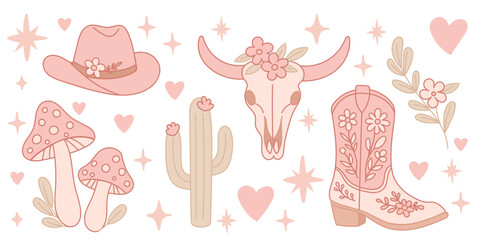 Set cowboy and cowgirl pink. Hand drawn romantic girly Valentines Day clipart. Y2K pink core.